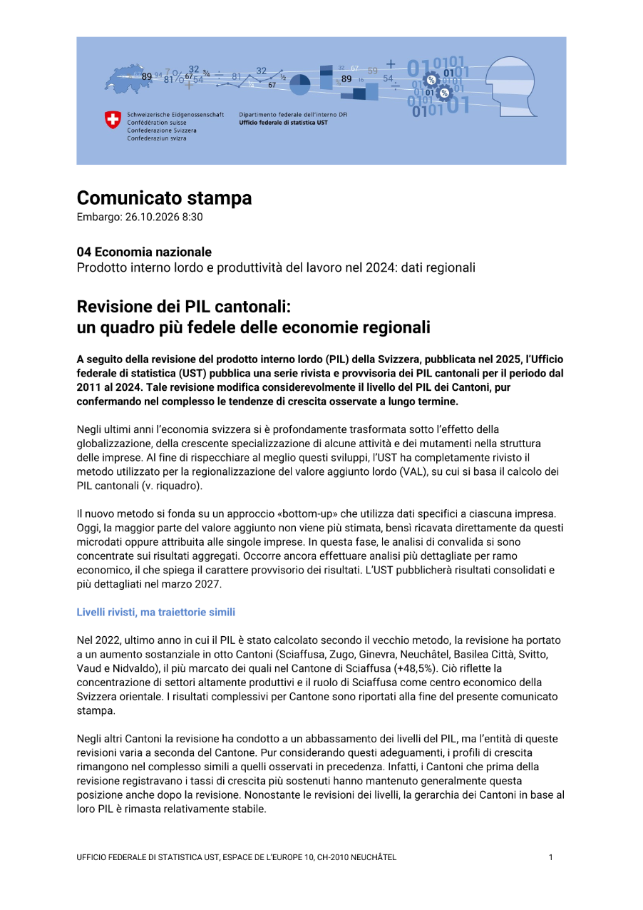 Revisione dei PIL cantonali:  un quadro più fedele delle economie regionali