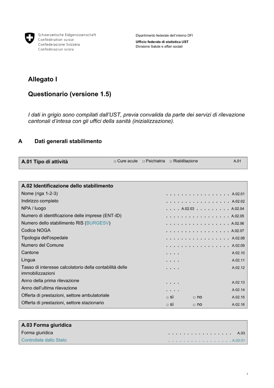 Statistica ospedaliera - Allegato I Questionario valido dall'introduzione di SpiGes