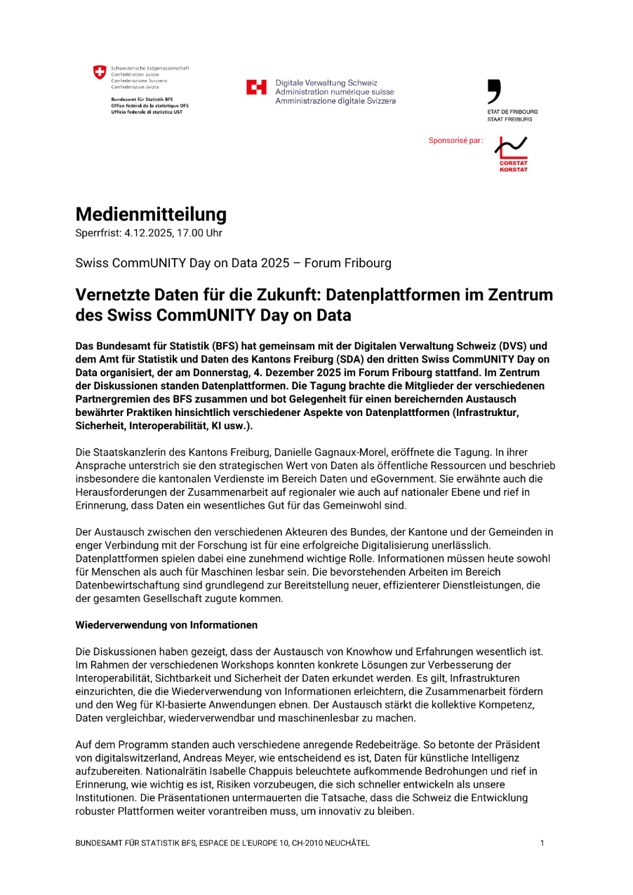 Vernetzte Daten für die Zukunft: Datenplattformen im Zentrum des Swiss CommUNITY Day on Data