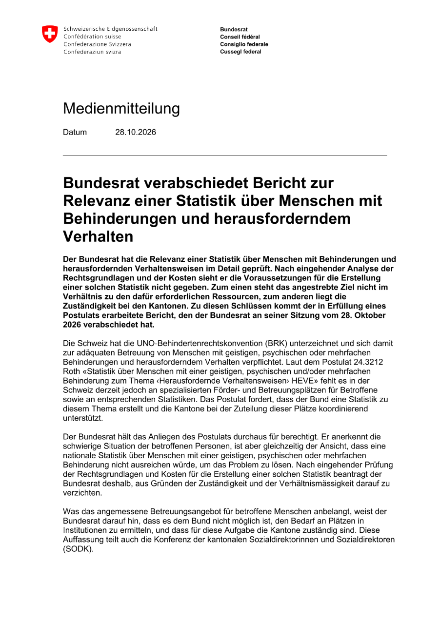 Bundesrat verabschiedet Bericht zur Relevanz einer Statistik über Menschen mit Behinderungen und herausforderndem Verhalten