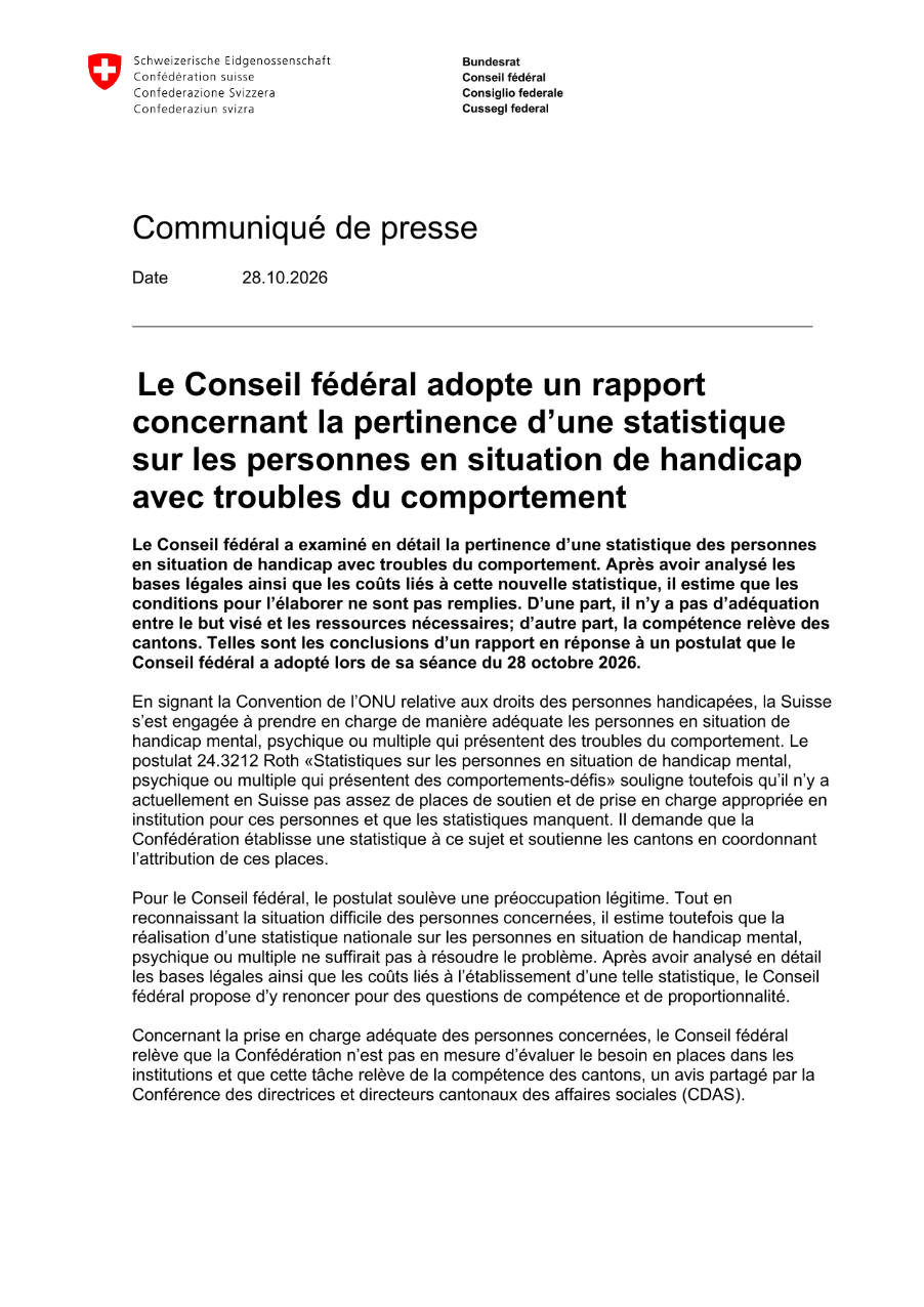 Le Conseil fédéral adopte un rapport concernant la pertinence d'une statistique sur les personnes en situation de handicap avec troubles du comportement