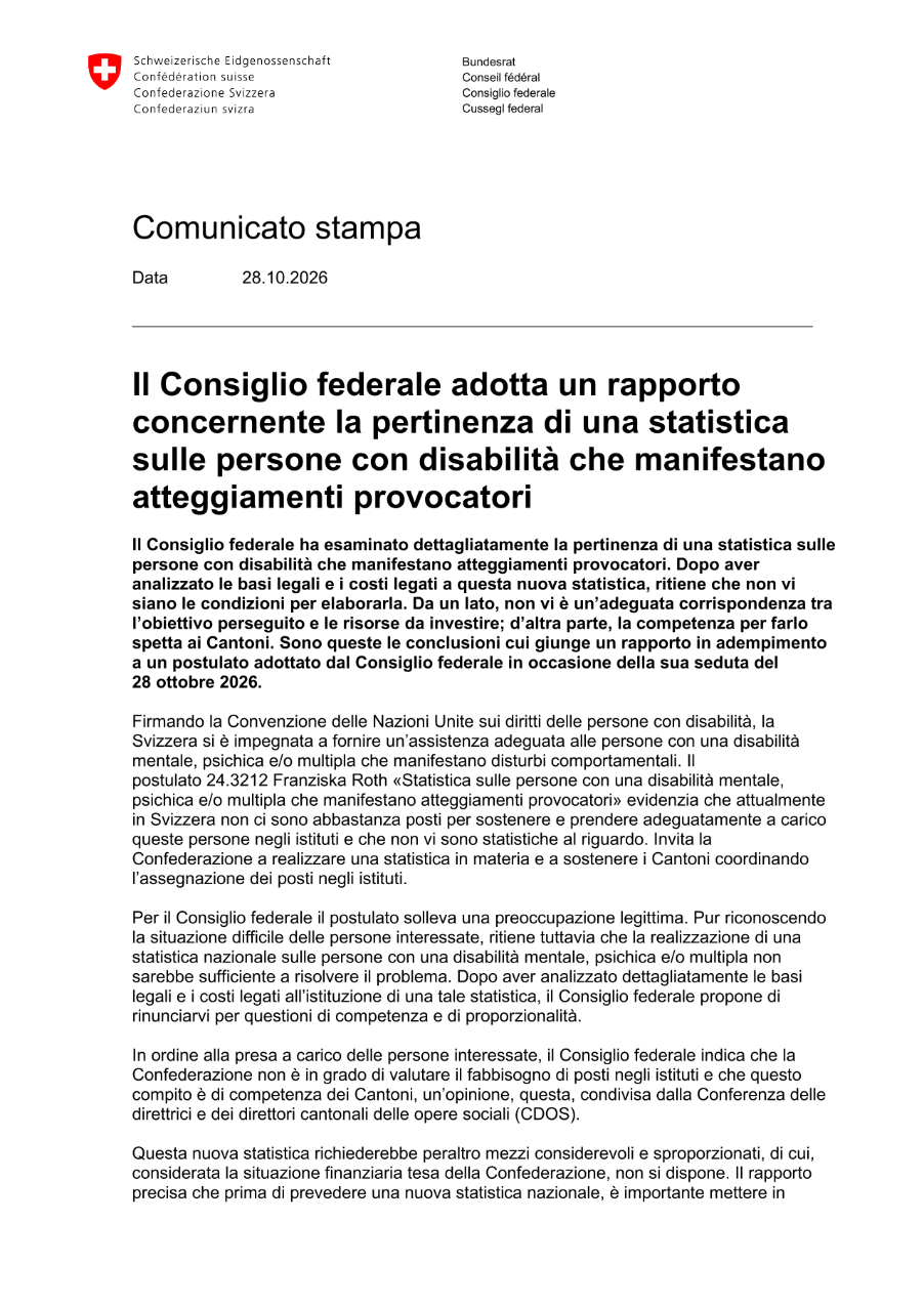 Il Consiglio federale adotta un rapporto concernente la pertinenza di una statistica sulle persone con disabilità che manifestano atteggiamenti provocatori