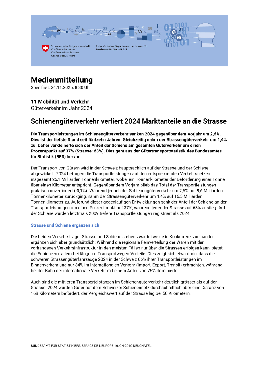 Schienengüterverkehr verliert 2024 Marktanteile an die Strasse