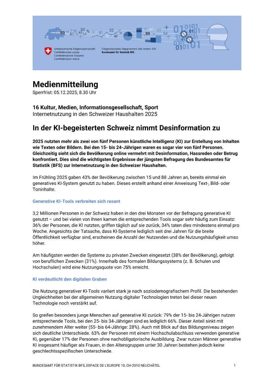 In der KI-begeisterten Schweiz nimmt Desinformation zu
