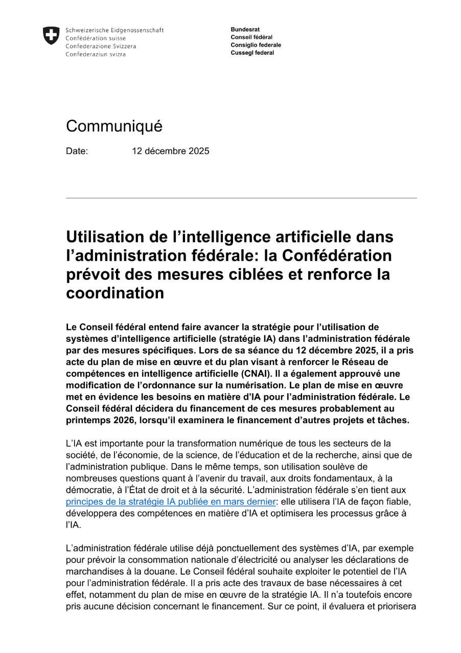 Utilisation de l'intelligence artificielle dans l'administration fédérale: la Confédération prévoit des mesures ciblées et renforce la coordination