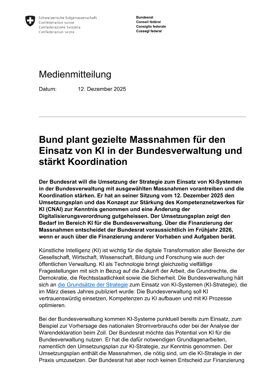 Bund plant gezielte Massnahmen für den Einsatz von KI in der Bundesverwaltung und stärkt Koordination