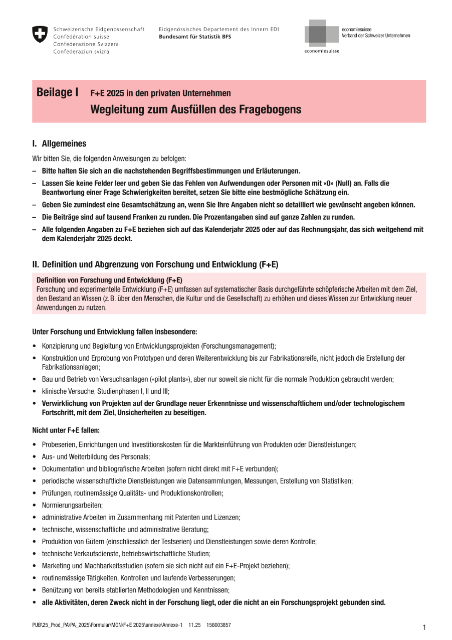 Beilage I - Wegleitung zum Ausfüllen des Fragebogens