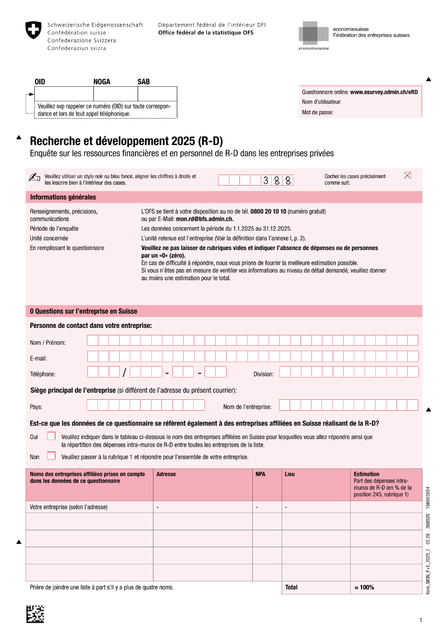 Enquête sur les ressources financières et en personnel de R-D dans les entreprises privées - formulaire d'enquête 2025