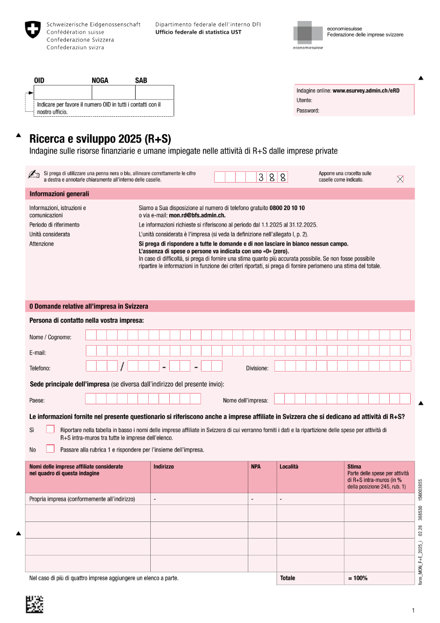 Indagine sulle risorse finanziarie e umane impiegate nelle attività di R+S dalle imprese private - Questionario 2025