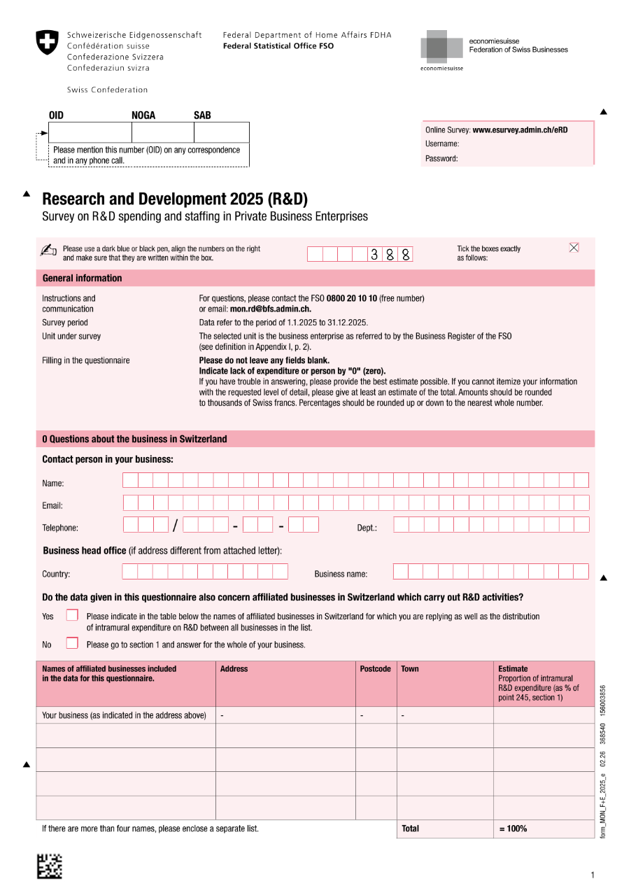 Survey on R&D spending and staffing in Private Business Enterprises - Survey form 2025