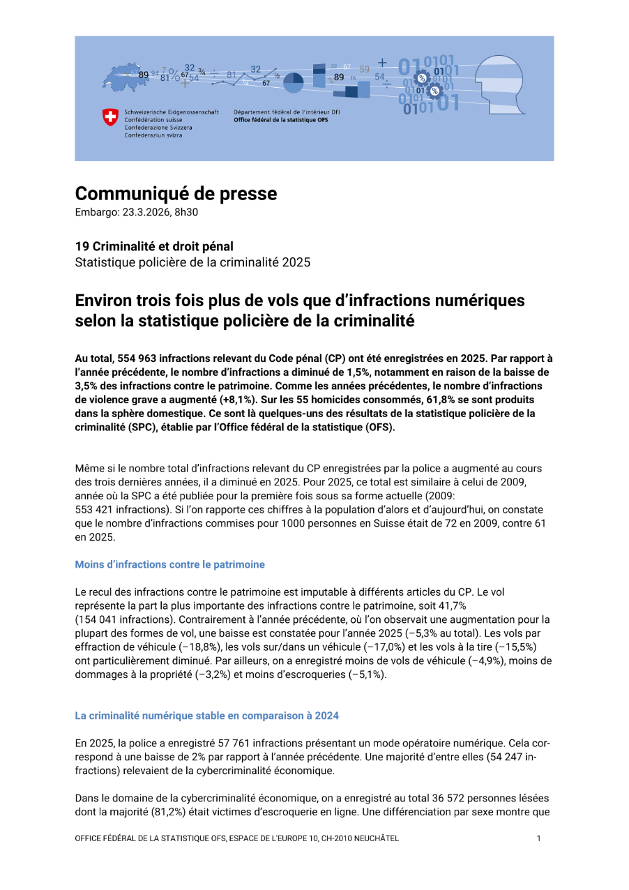 Environ trois fois plus de vols que d'infractions numériques selon la statistique policière de la criminalité