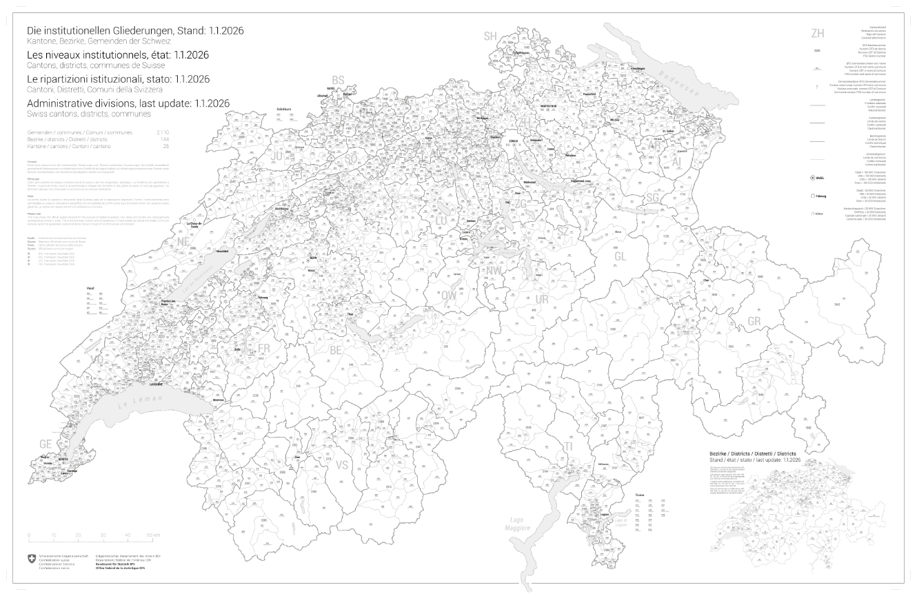General map of institutional divisions of Switzerland, last update: 1.1.2026