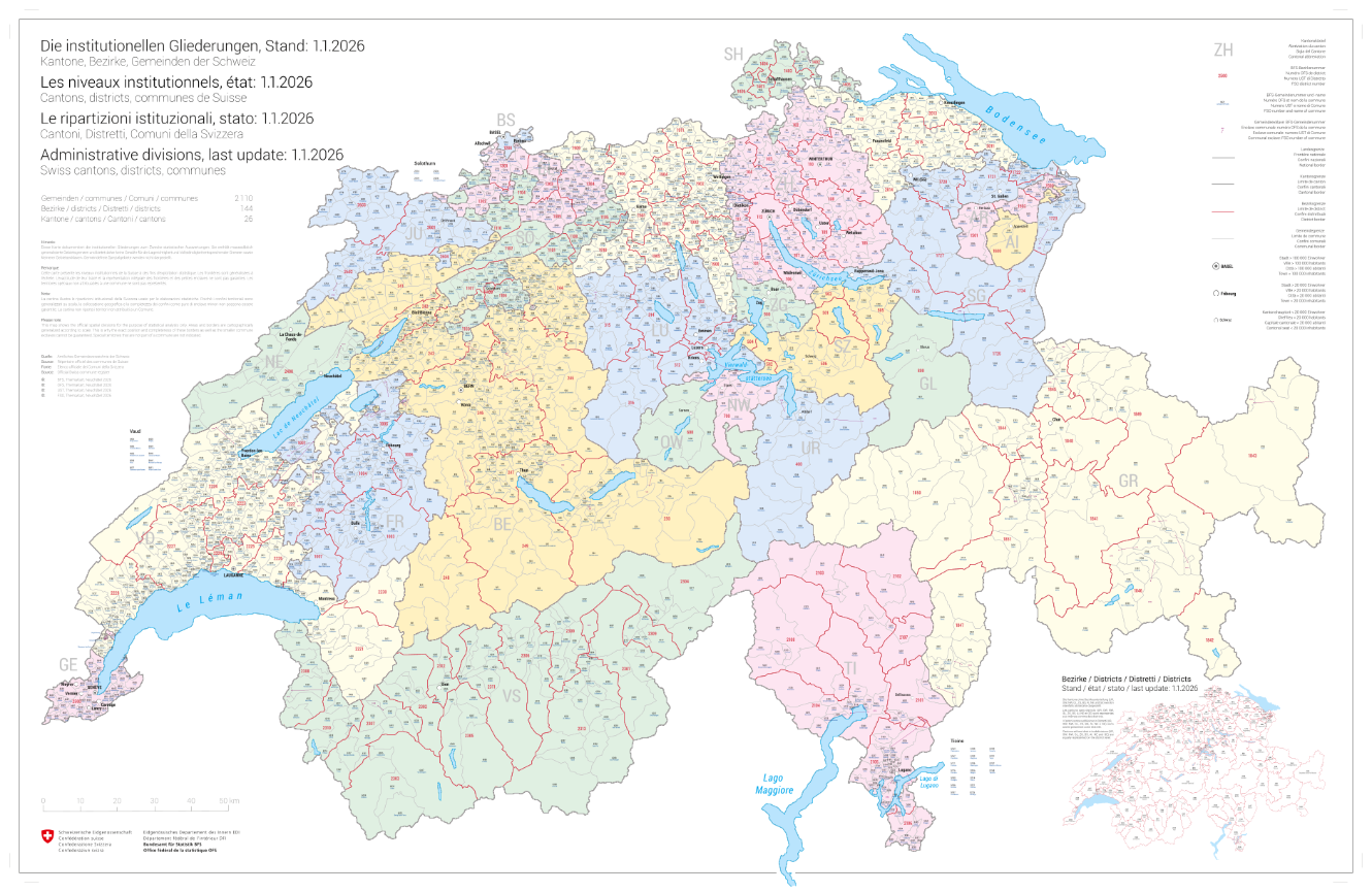 General map of institutional divisions of Switzerland, last update: 1.1.2026