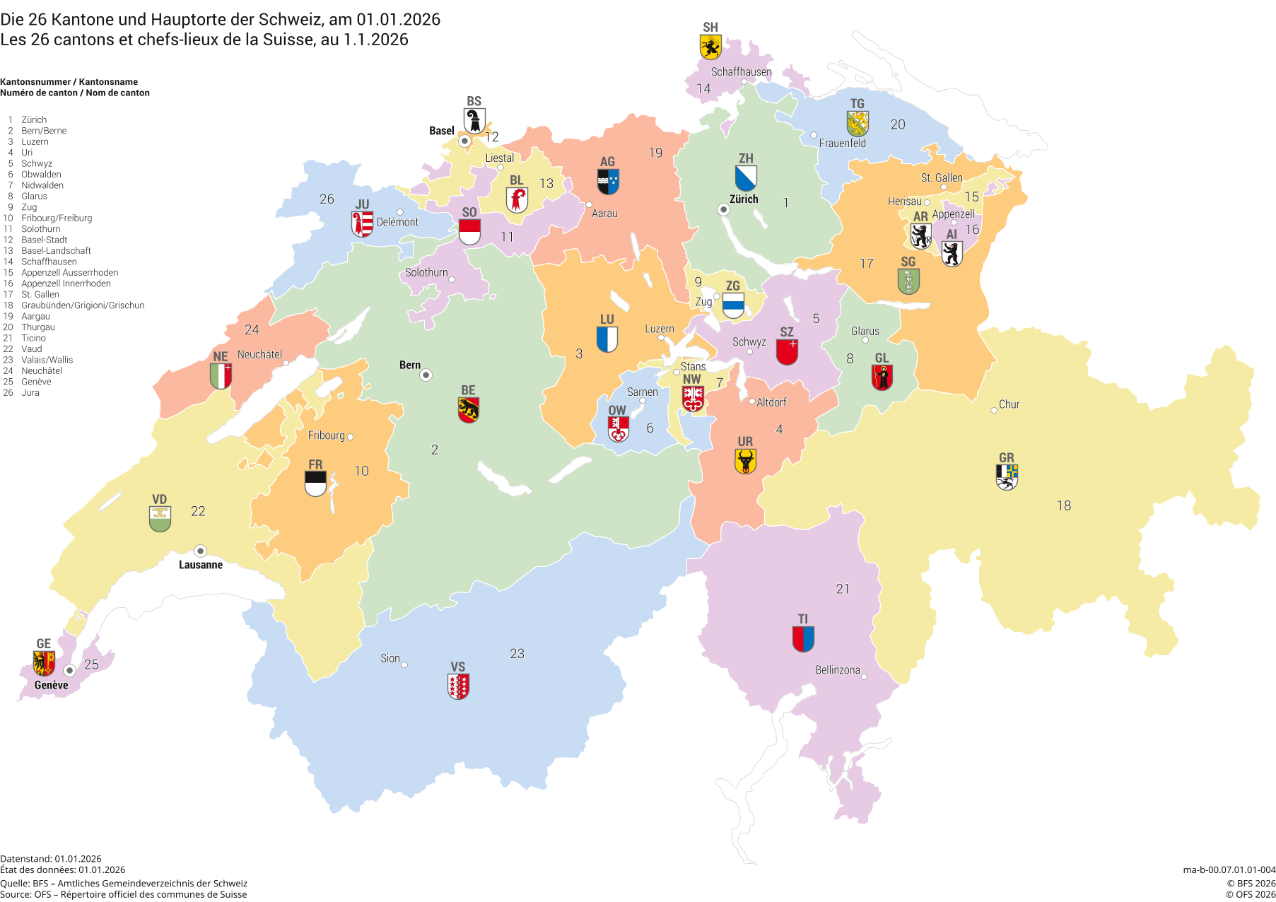Die 26 Kantone und Hauptorte der Schweiz