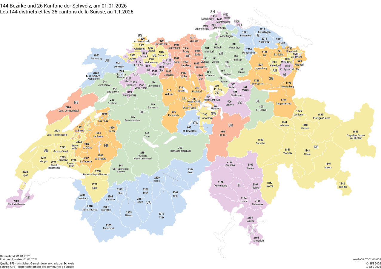 144 Bezirke und 26 Kantone der Schweiz