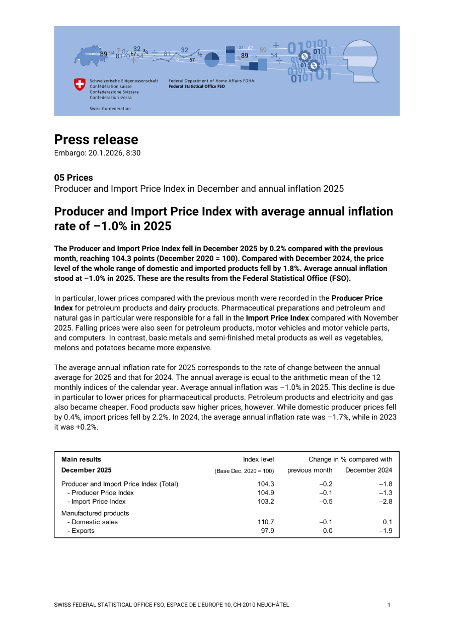 Producer and Import Price Index with average annual inflation rate of -1.0% in 2025