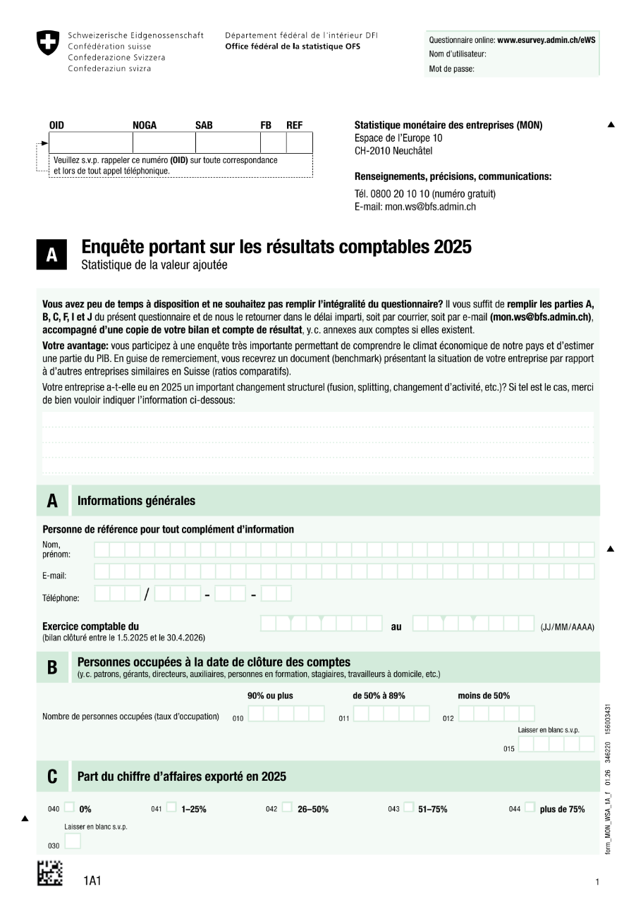 Statistique de la valeur ajoutée - Questionnaire 1A