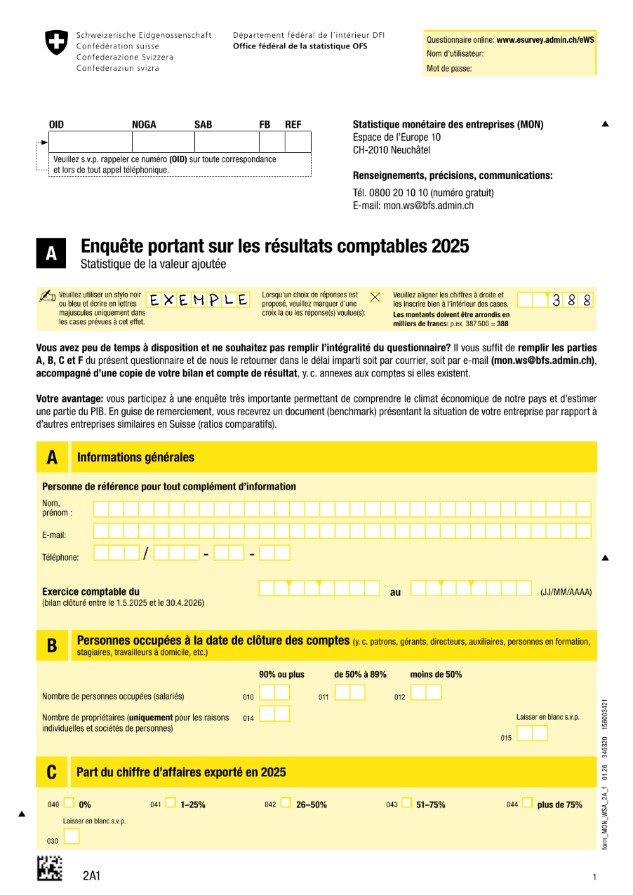 Statistique de la valeur ajoutée - Questionnaire 2A