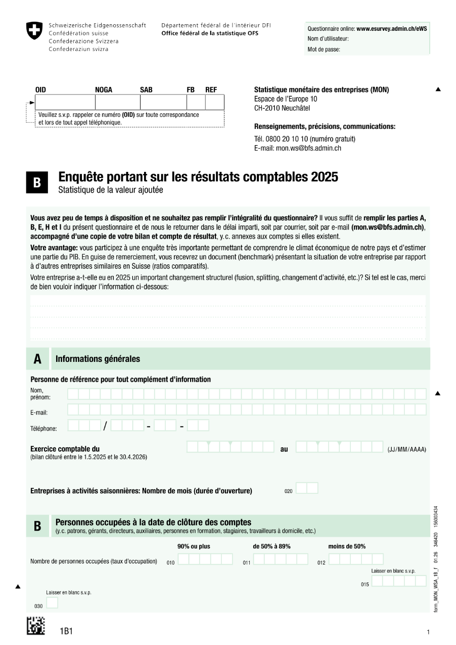 Statistique de la valeur ajoutée - Questionnaire 1B
