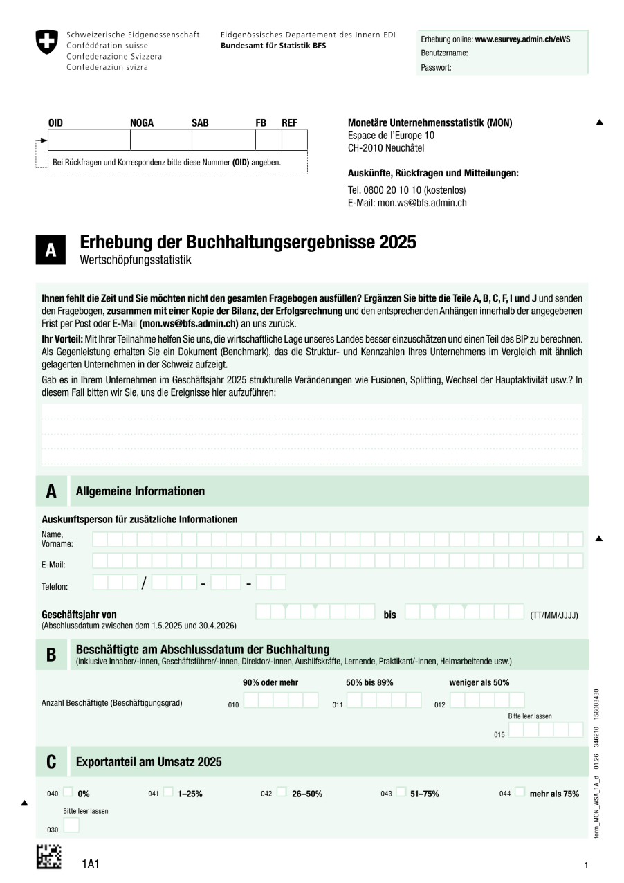 Wertschöpfungsstatistik - Fragebogen 1A