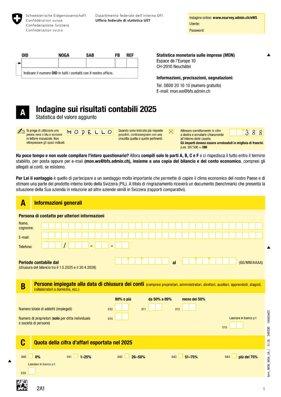 Statistica del valore aggiunto - Questionario 2A