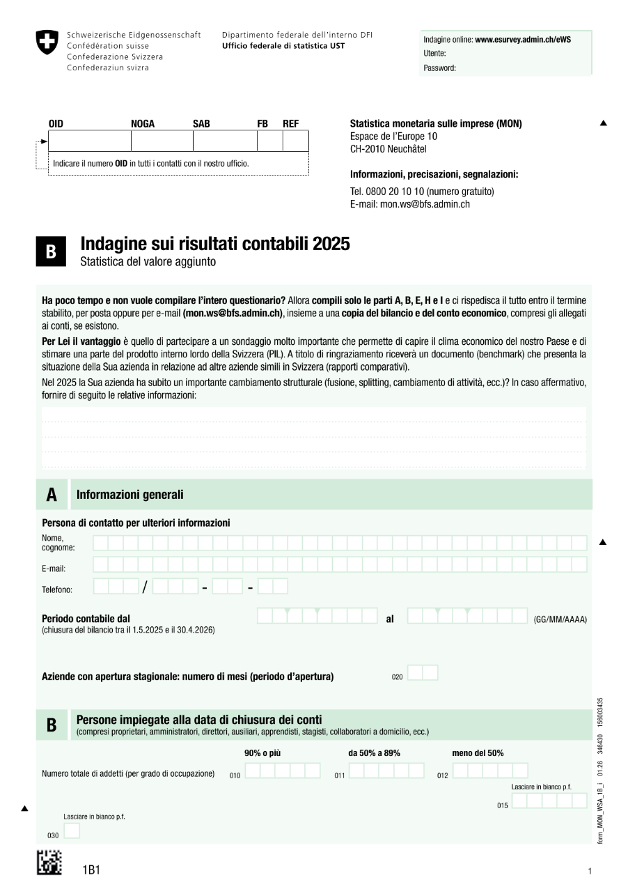 Statistica del valore aggiunto - Questionario 1B