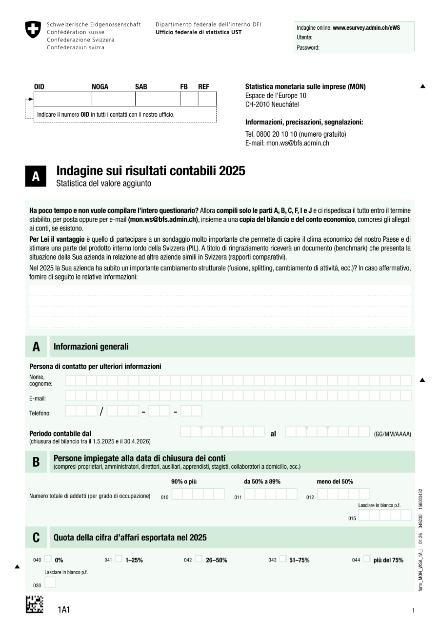 Statistica del valore aggiunto - Questionario 1A