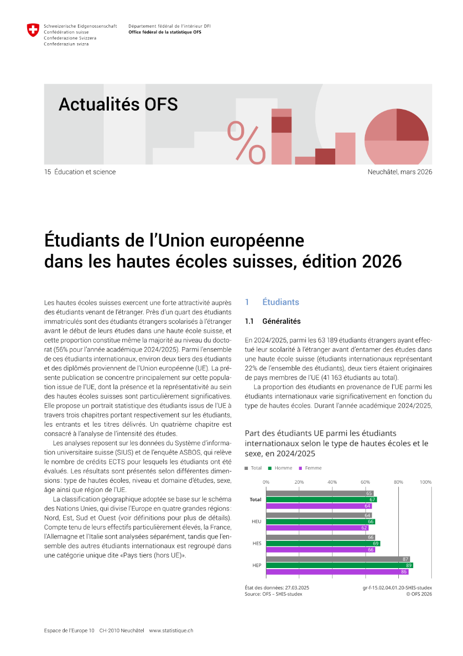 Étudiants de l'Union européenne dans les hautes écoles suisses, édition 2026
