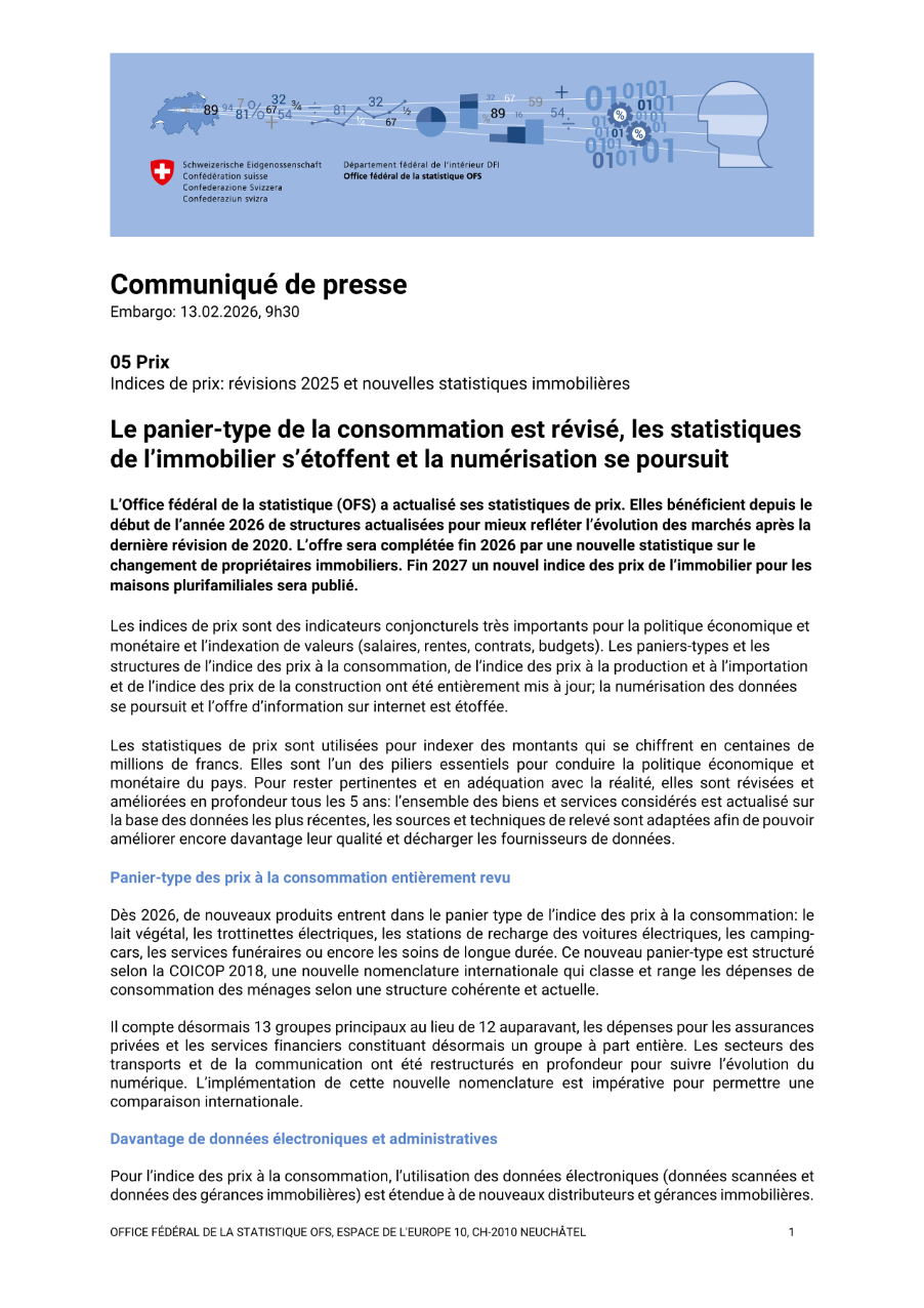 Le panier-type de la consommation est révisé, les statistiques de l'immobilier s'étoffent et la numérisation se poursuit