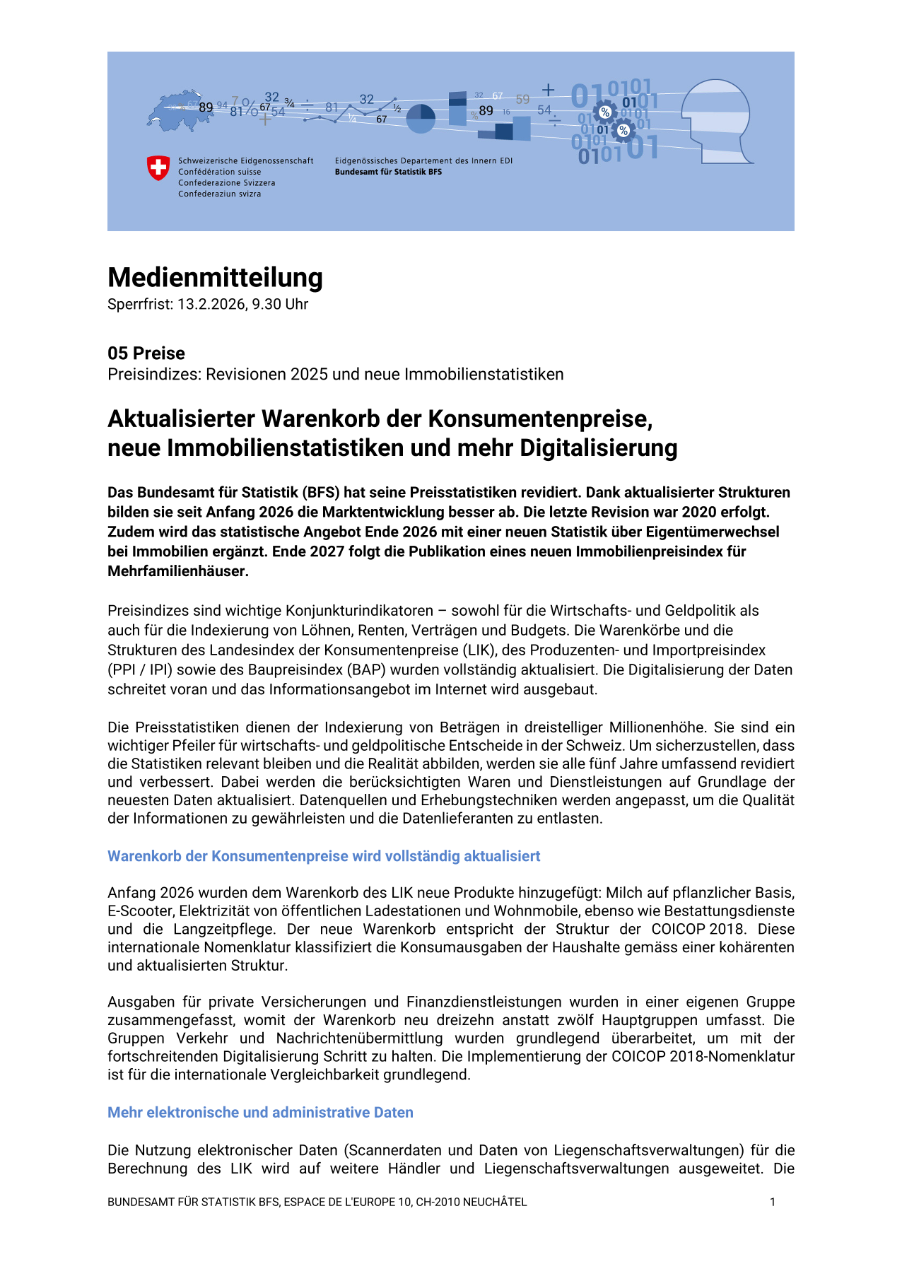 Aktualisierter Warenkorb der Konsumentenpreise,  neue Immobilienstatistiken und mehr Digitalisierung