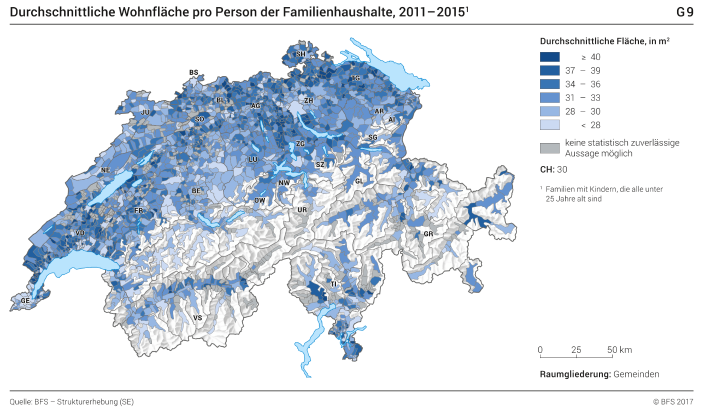 Durchschnittliche Wohnfläche pro Person der Familienhaushalte, 2011-2015