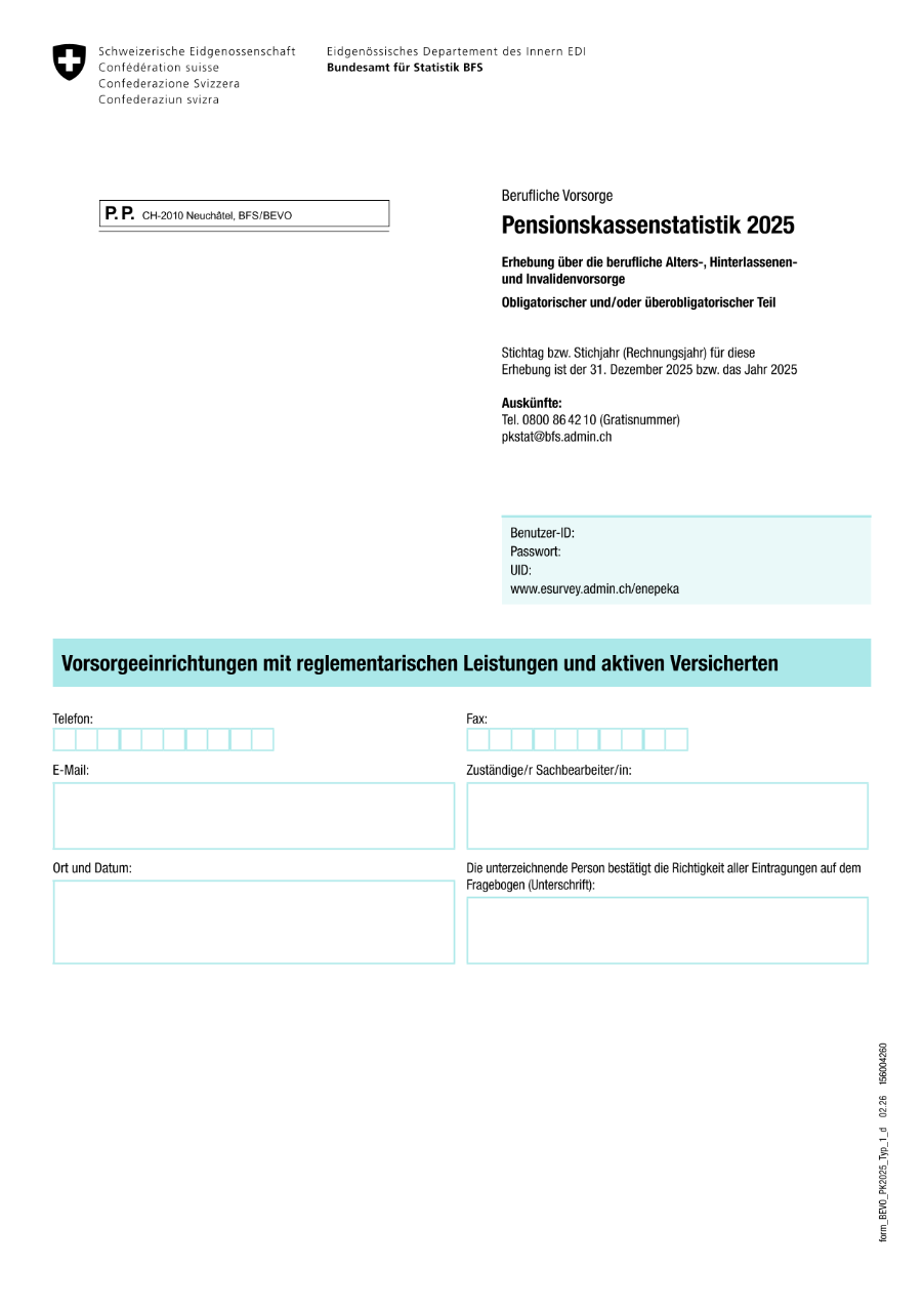 Fragebogen 2025 - Vorsorgeeinrichtungen mit reglementarischen Leistungen und aktiven Versicherten