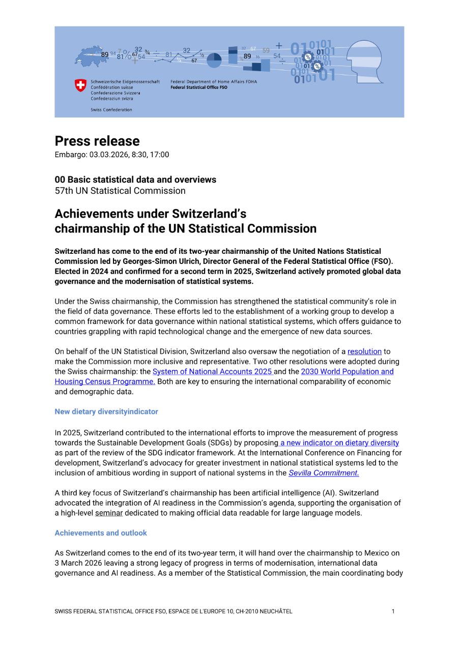 Achievements under Switzerland's chairmanship of the UN Statistical Commission