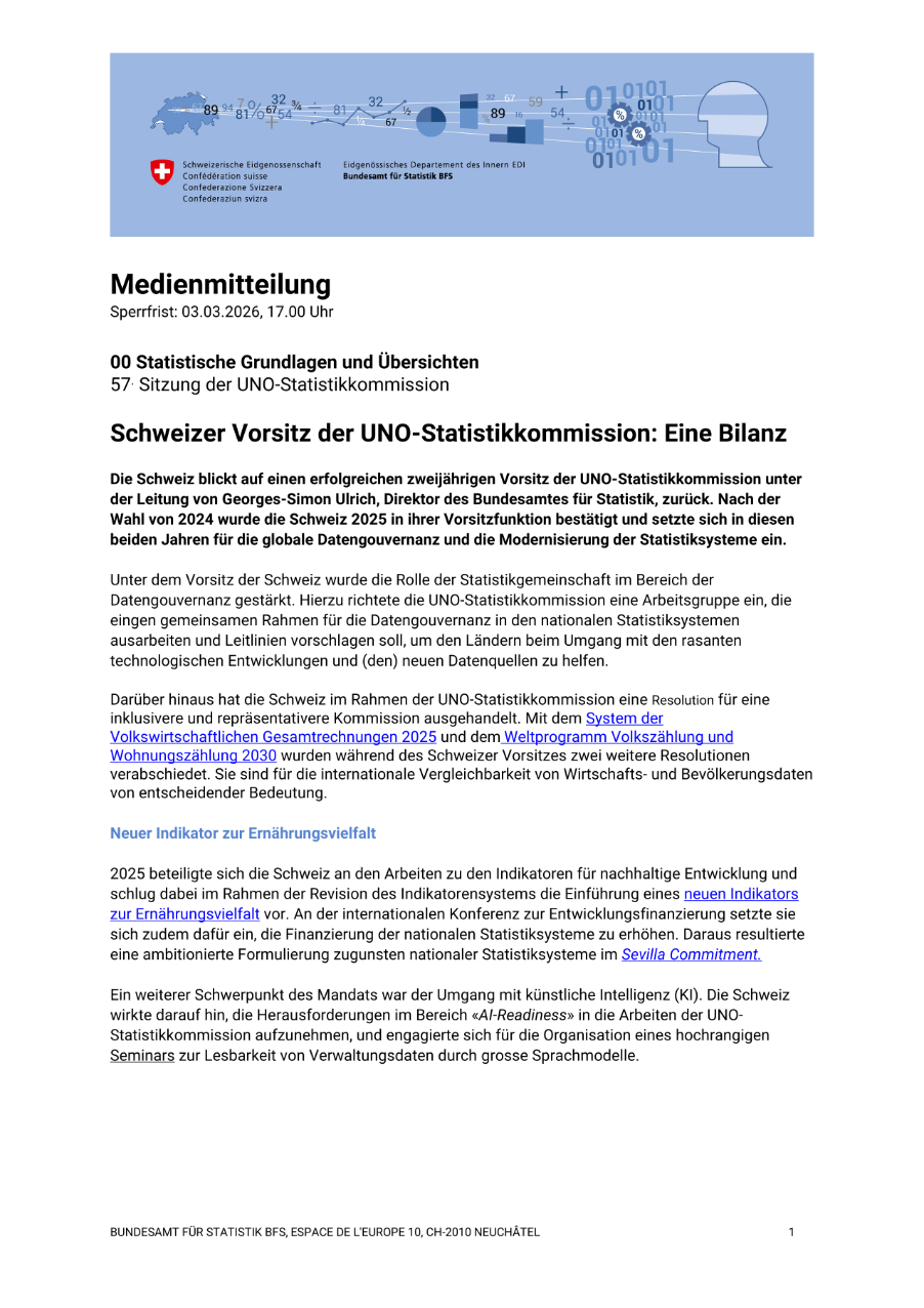 Schweizer Vorsitz der UNO-Statistikkommission: Eine Bilanz