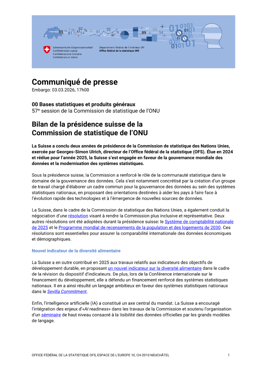 Bilan de la présidence suisse de la  Commission de statistique de l'ONU