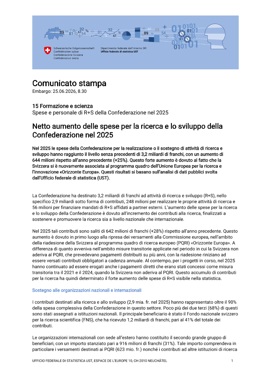 Netto aumento delle spese per la ricerca e lo sviluppo della Confederazione nel 2025