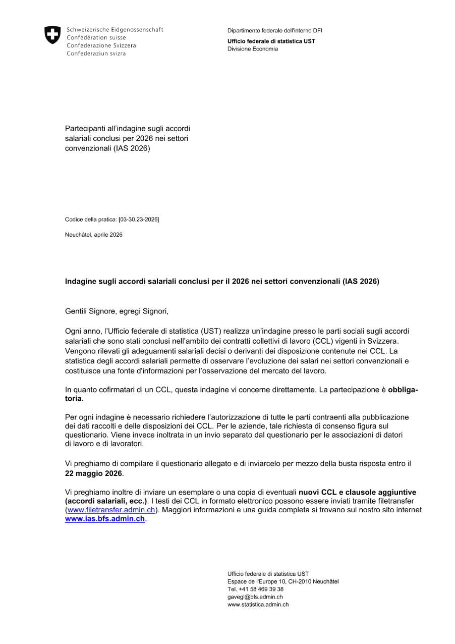 Lettera di accompagnamento - Indagine sugli accordi salariali conclusi nei settori convenzionali 2026