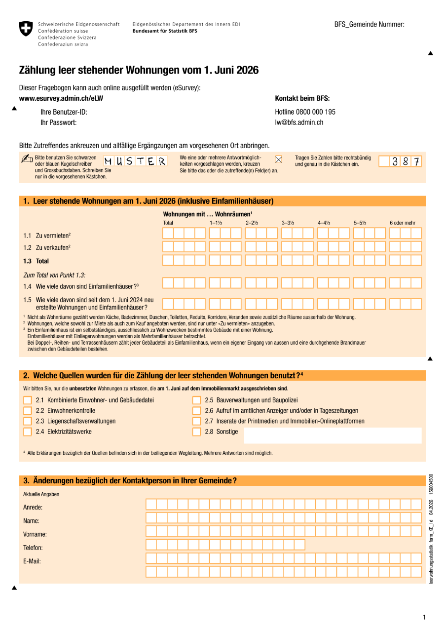 Leerwohnungszählung - Musterfragebogen für die Gemeinde