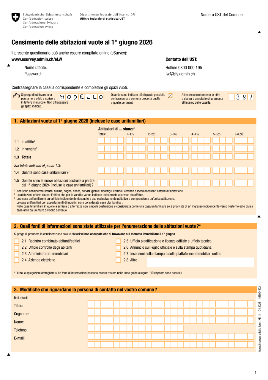 Censimento annuale delle abitazioni vuote - Modello di questionario per i Comuni