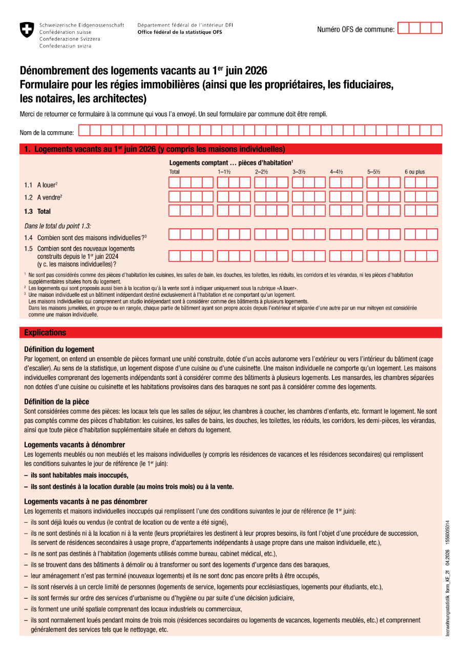 Dénombrement des logements vacants - Formulaire pour les régies, les fiduciaires, études de notaires et bureaux d'architectes