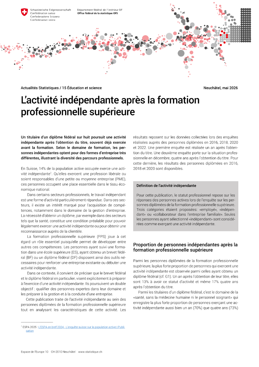 L'activité indépendante après la formation professionnelle supérieure