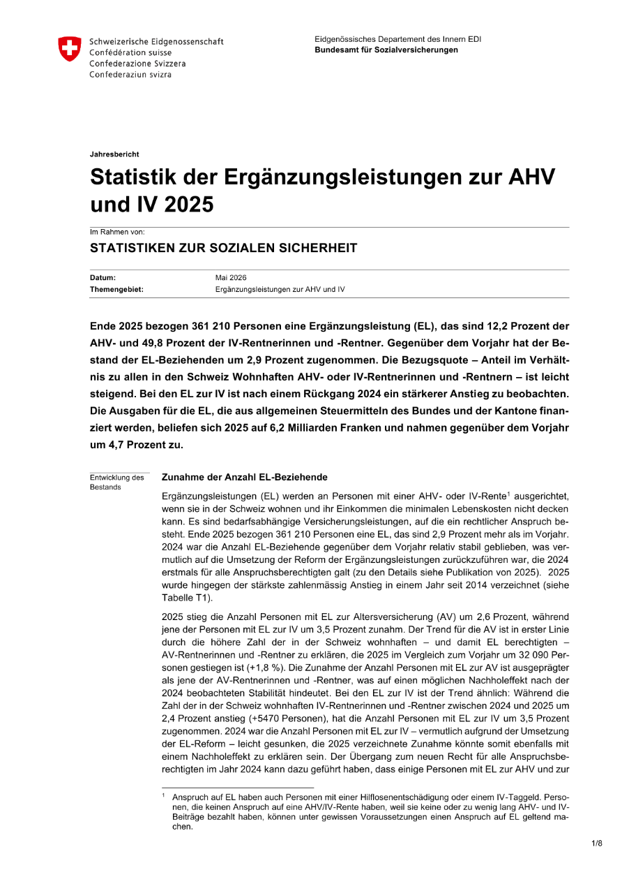 Statistik der Ergänzungsleistungen zur AHV und IV 2025