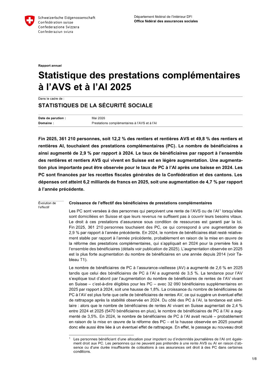 Statistique des prestations complémentaires à l'AVS et à l'AI, 2025