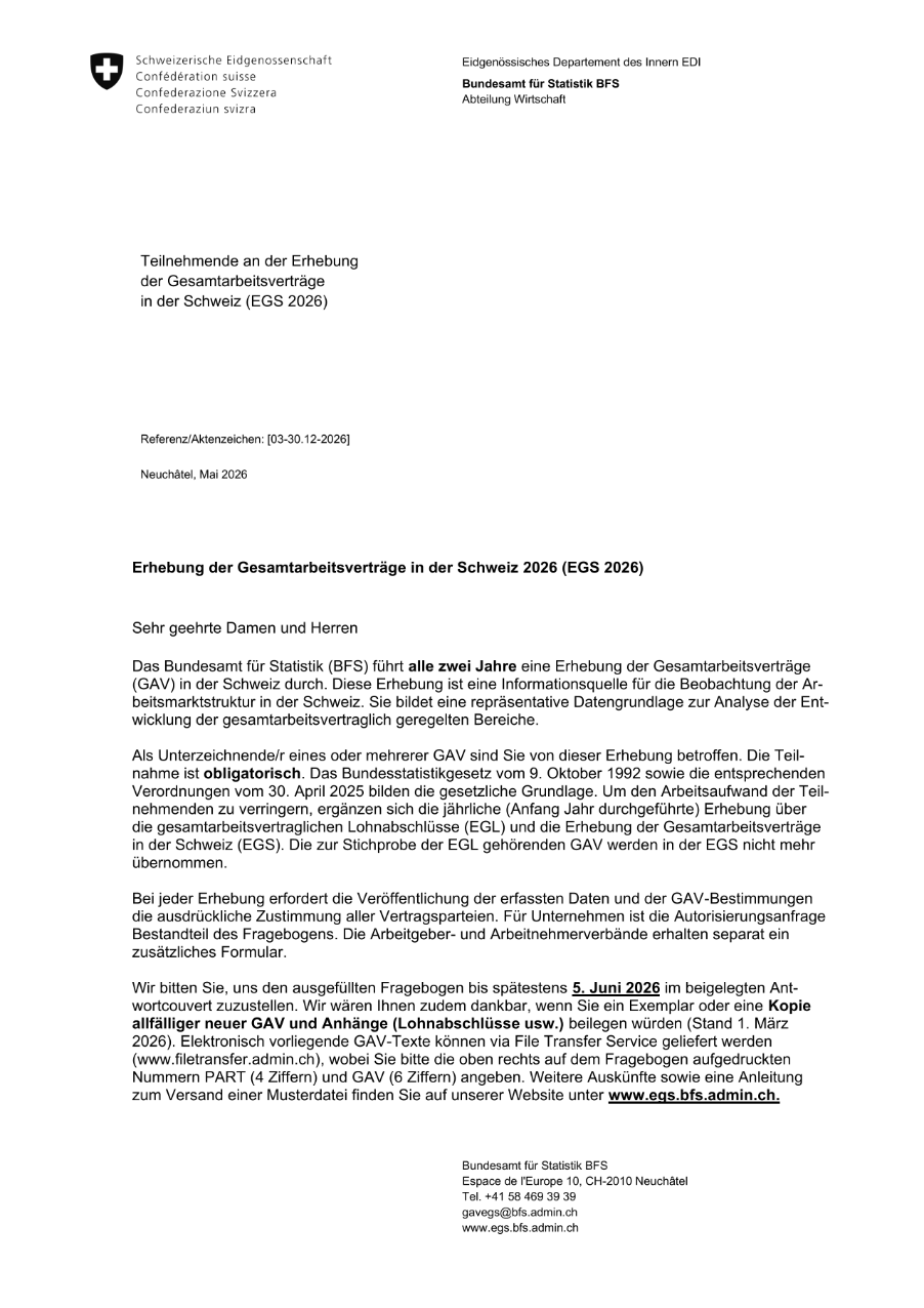 Begleitschreiben - Erhebung der Gesamarbeitsverträge in der Schweiz 2026