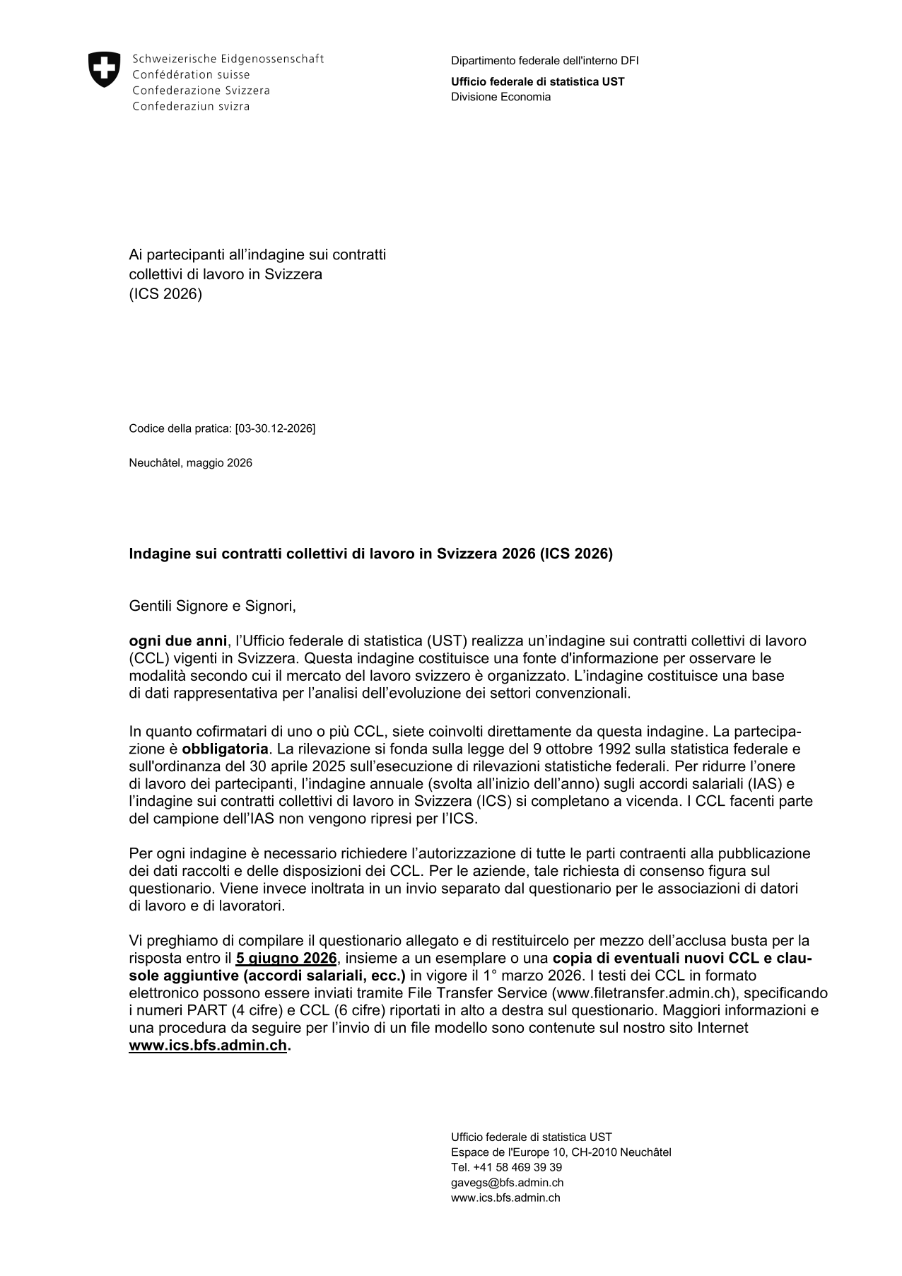 Lettera di accompagnamento - Indagine sui contratti collettivi di lavoro in Svizzera 2026