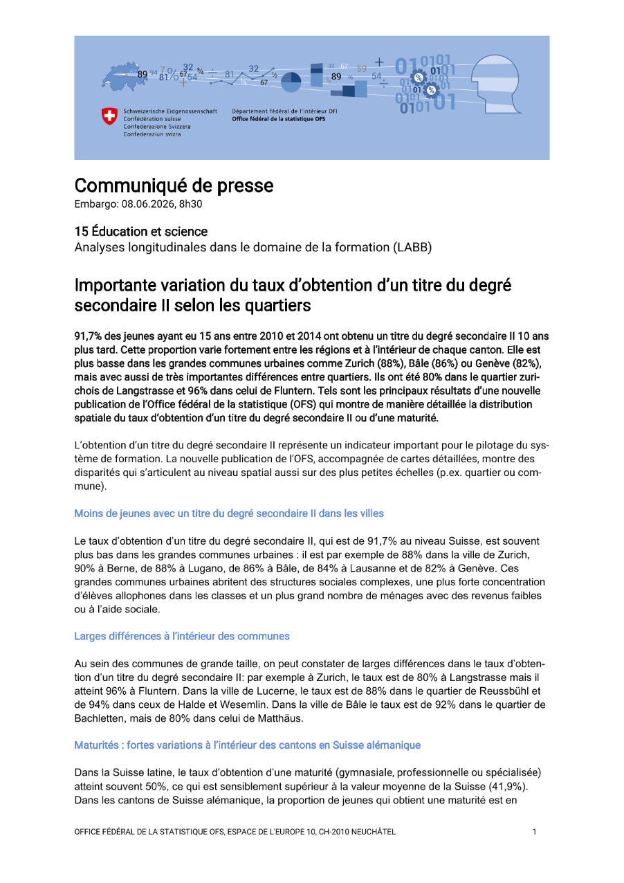 Importante variation du taux d'obtention d'un titre du degré secondaire II selon les quartiers