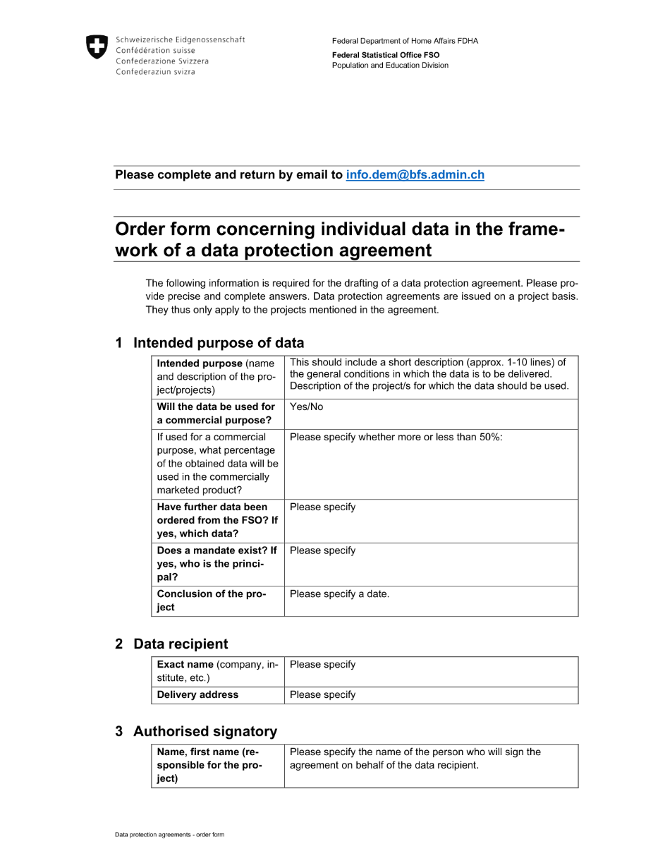 Order form for delivery of data
