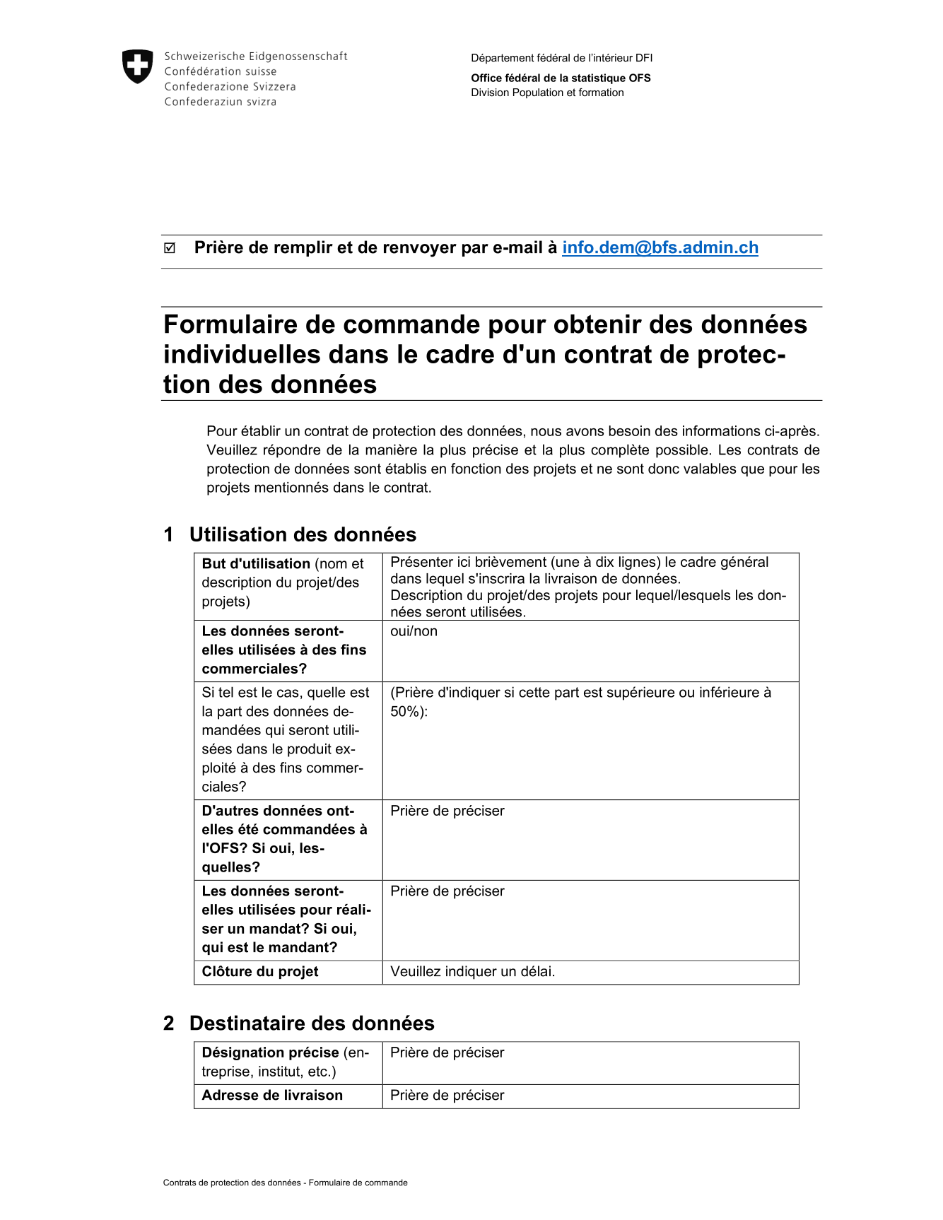 Formulaire pour la commande de données