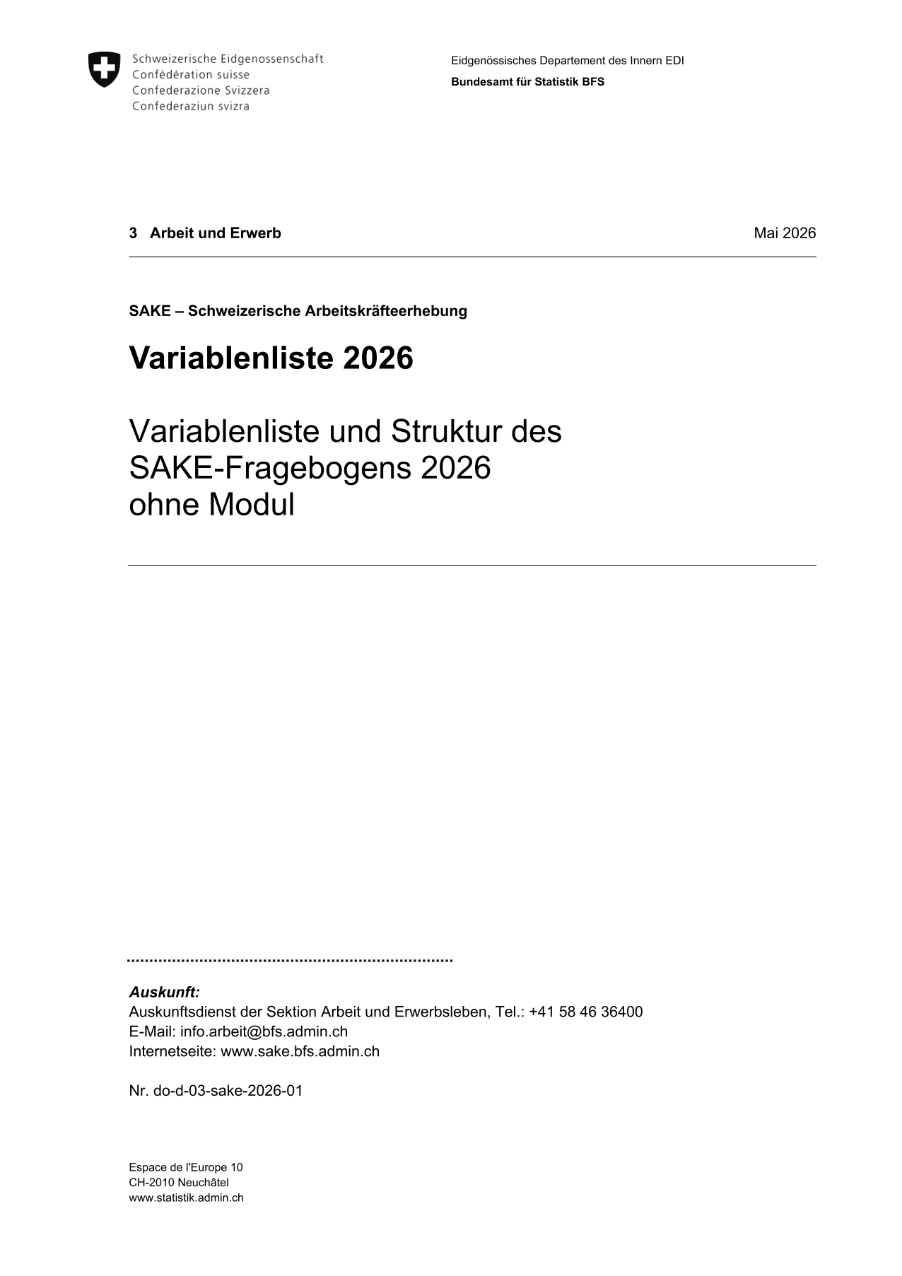 SAKE - Schweizerische Arbeitskräfteerhebung: Variablenliste und Struktur des SAKE-Fragebogens 2026 (ohne Modul)