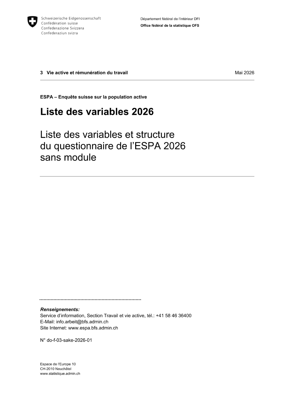 ESPA - Enquête suisse sur la population active: Liste des variables et structure du questionnaire de l'ESPA 2026 (sans module)